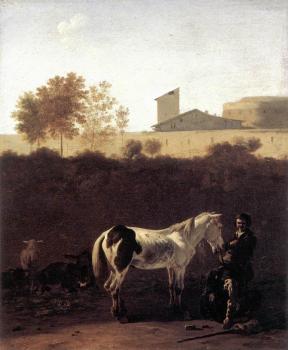 Karel Dujardin : Italian Landscape with Herdsman and a Piebald Horse